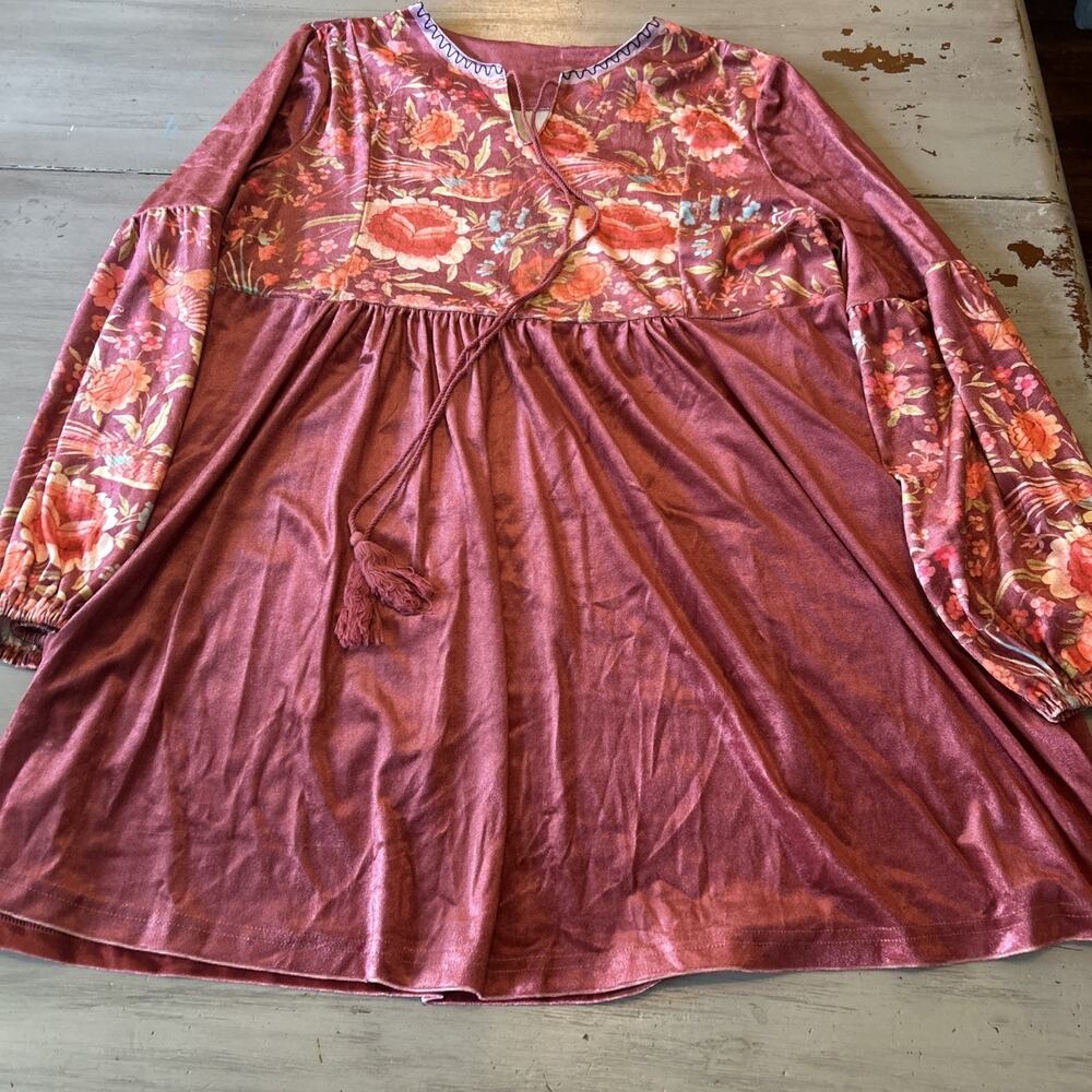Ursime Mauve Pink Velour Tunic Blouse Top Floral Boho Cowgirl XL